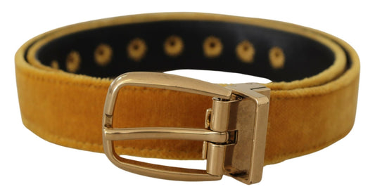 Dolce & Gabbana Mustard Velvet Gold Logo Engraved Metal Buckle Belt - YSONA