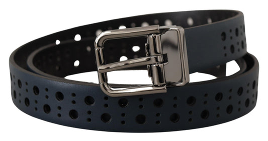 Dolce & Gabbana Navy Blue Perforated Leather Skinny Metal Buckle Belt - YSONA
