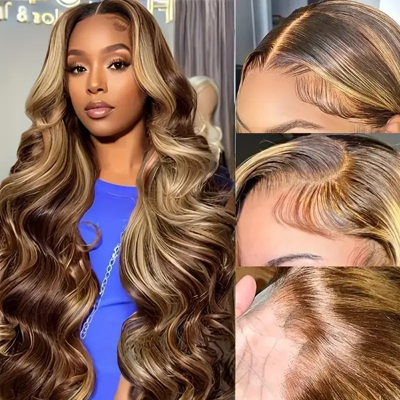 P4/27 Highlight Brown Body Wave 13x6 Human Hair Wig – Honey Blonde 13x4 HD, 40–46 Inch