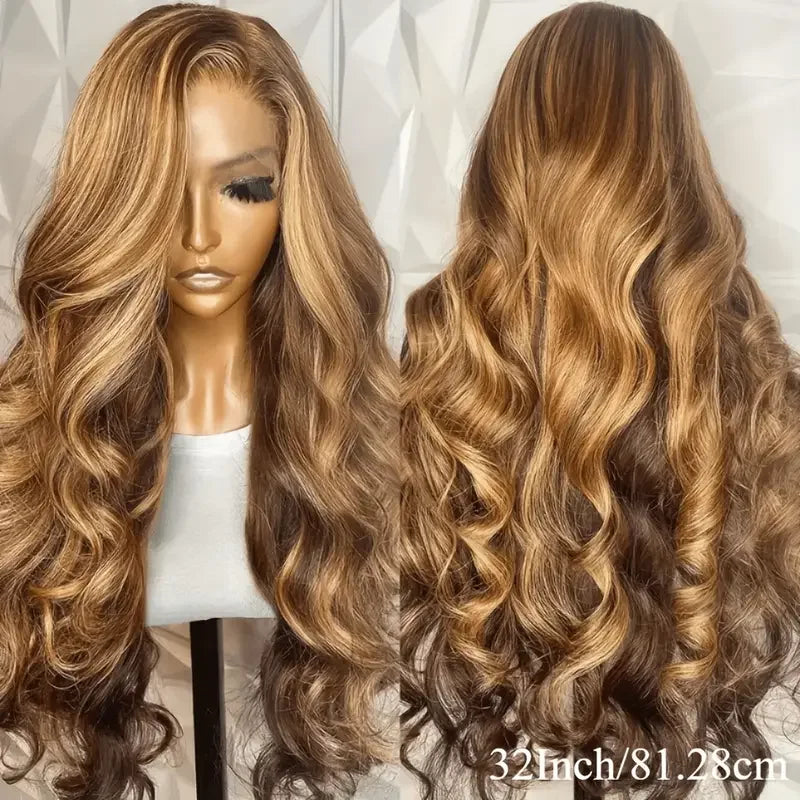 P4/27 Highlight Brown Body Wave 13x6 Human Hair Wig – Honey Blonde 13x4 HD, 40–46 Inch