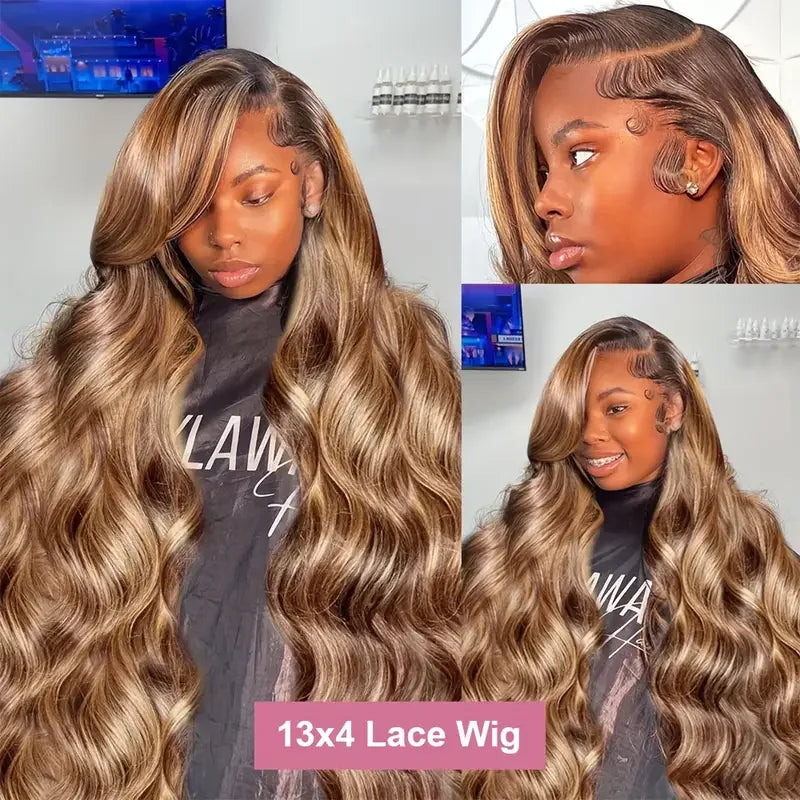 P4/27 Highlight Brown Body Wave 13x6 Human Hair Wig – Honey Blonde 13x4 HD, 40–46 Inch