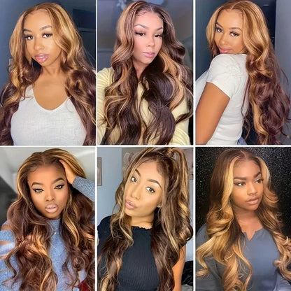 P4/27 Highlight Brown Body Wave 13x6 Human Hair Wig – Honey Blonde 13x4 HD, 40–46 Inch