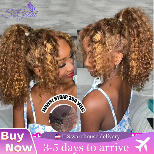 P4/27 Highlight Ombre Bouncy Curly 360 Full Lace Wig – Invisible Drawstring Glueless, 200% Density