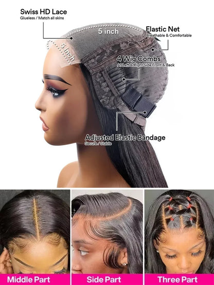 Peruvian Bone Straight 5x5 HD Glueless Lace Closure Wig – 13x6 Lace Front Pre-Plucked, 32–36 Inch