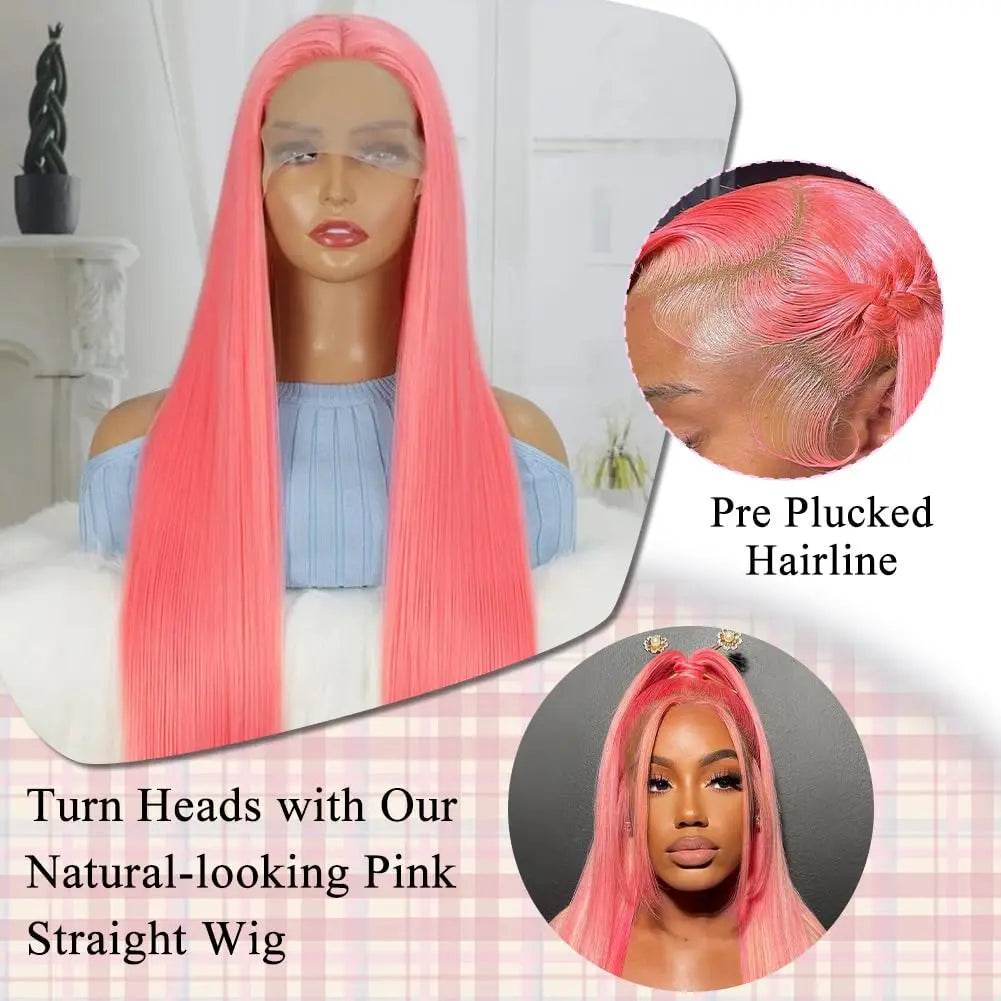 Pink 13x6 HD Straight Lace Front Wig – Pre-Plucked 200% Density, 30 Inch Colored