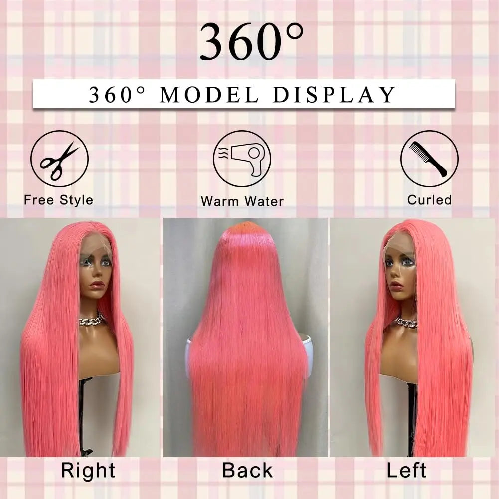 Pink 13x6 HD Straight Lace Front Wig – Pre-Plucked 200% Density, 30 Inch Colored