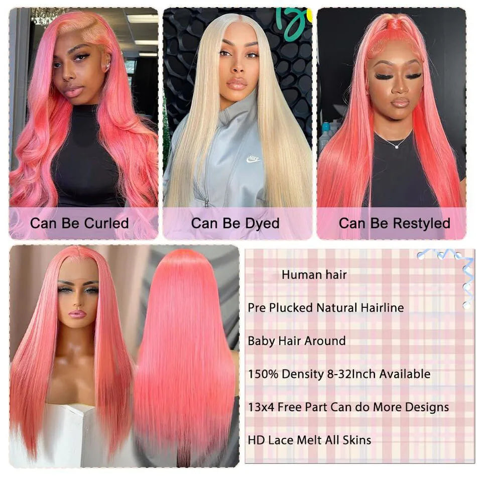 Pink 13x6 HD Straight Lace Front Wig – Pre-Plucked 200% Density, 30 Inch Colored