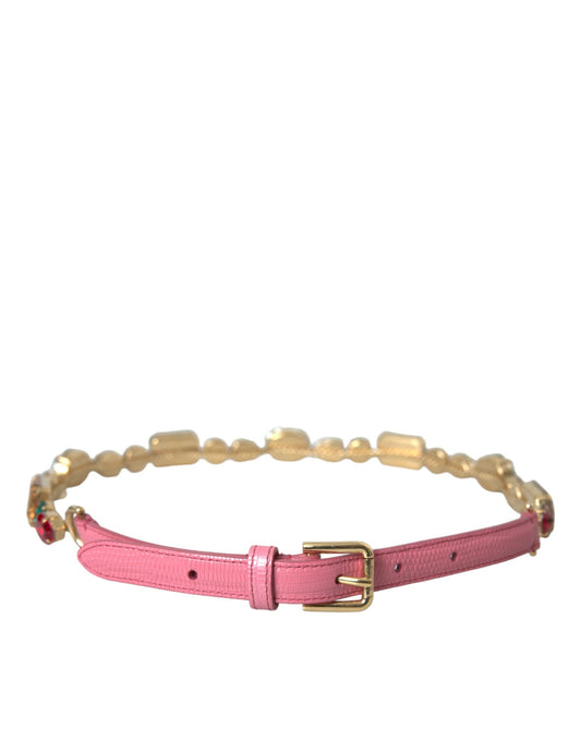 Dolce & Gabbana Pink Leather Crystal Chain Embellished Belt - YSONA