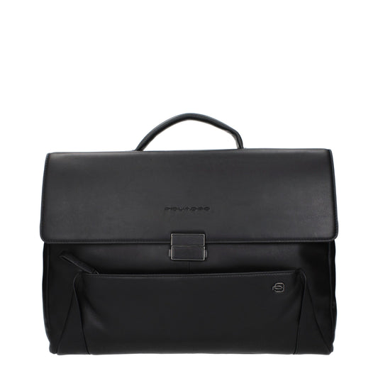 Piquadro Black Leather Business And Laptop Bag - YSONA