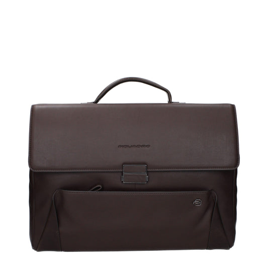 Piquadro Brown Leather Business And Laptop Bag - YSONA