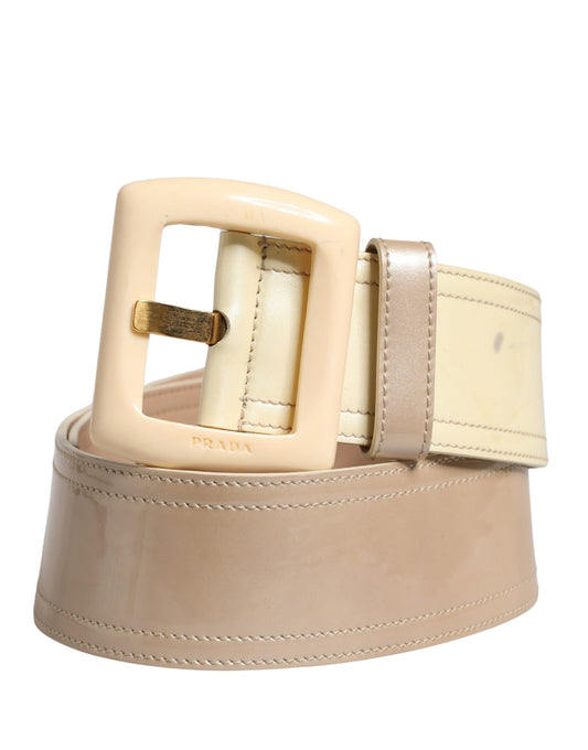 Prada Beige Leather Logo Wide Waist Women Square Buckle Belt - YSONA