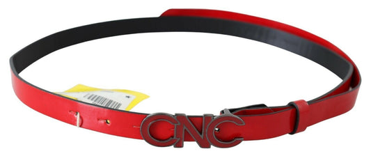Costume National Red Black Reversible Leather Logo Buckle Belt - YSONA