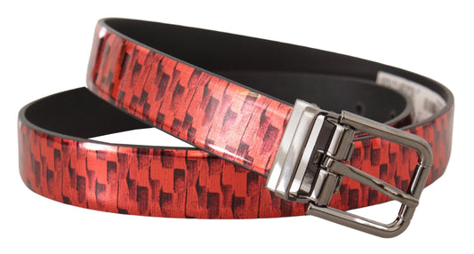 Dolce & Gabbana Red Herringbone Leather Gray Tone Buckle Belt - YSONA