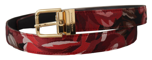 Dolce & Gabbana Red Jacquard Rose Leather Gold Metal Buckle Belt - YSONA