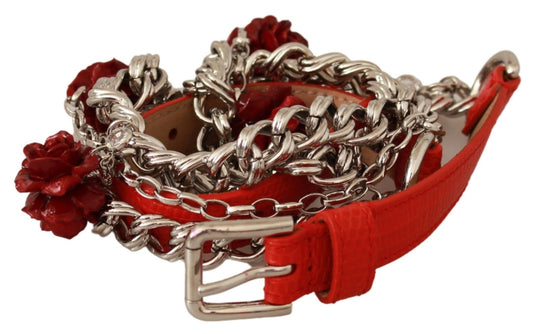 Dolce & Gabbana Red Leather Roses Floral Silver Waist Belt - YSONA