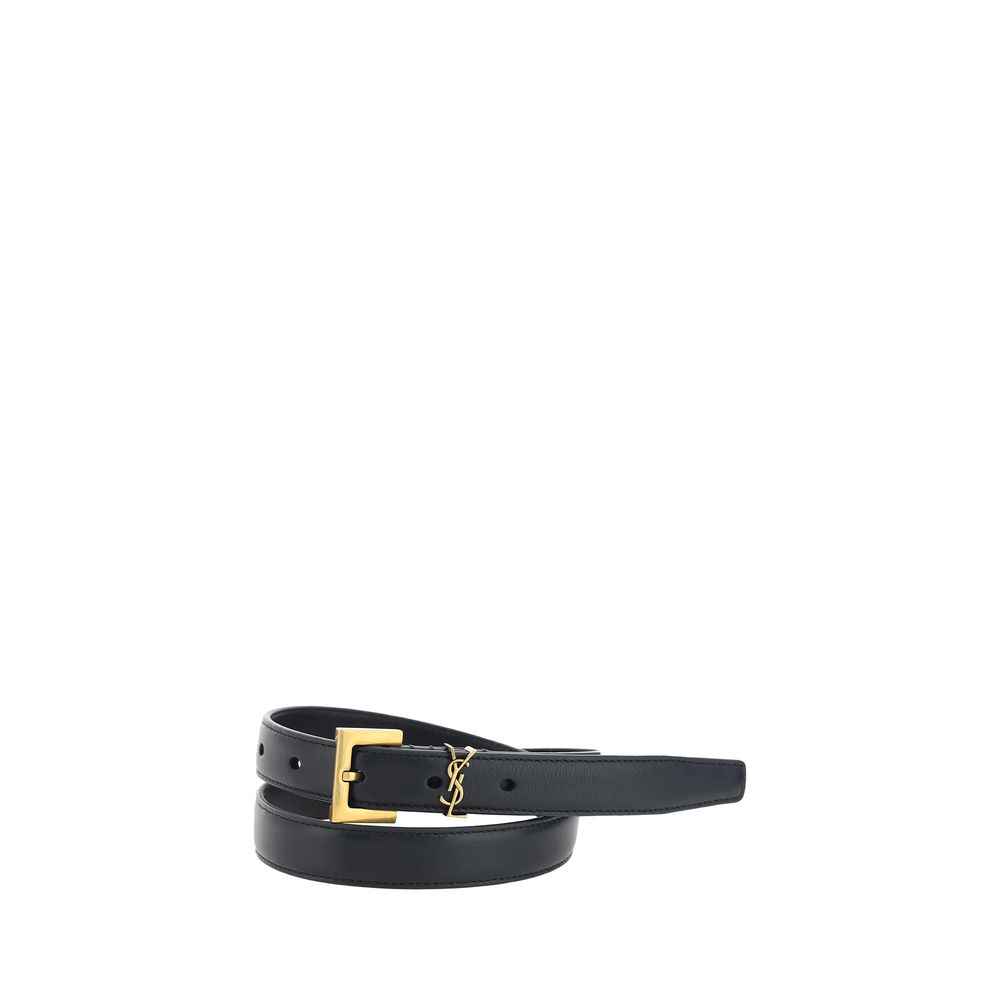Saint Laurent Black Calf Leather Bos Taurus Thin Belt - YSONA