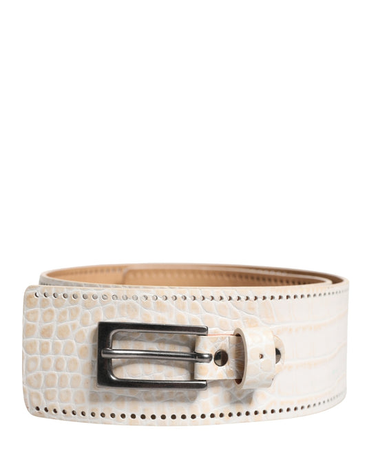 Scervino Street White Textured Leather Wide SilverMetal Buckle Belt - YSONA