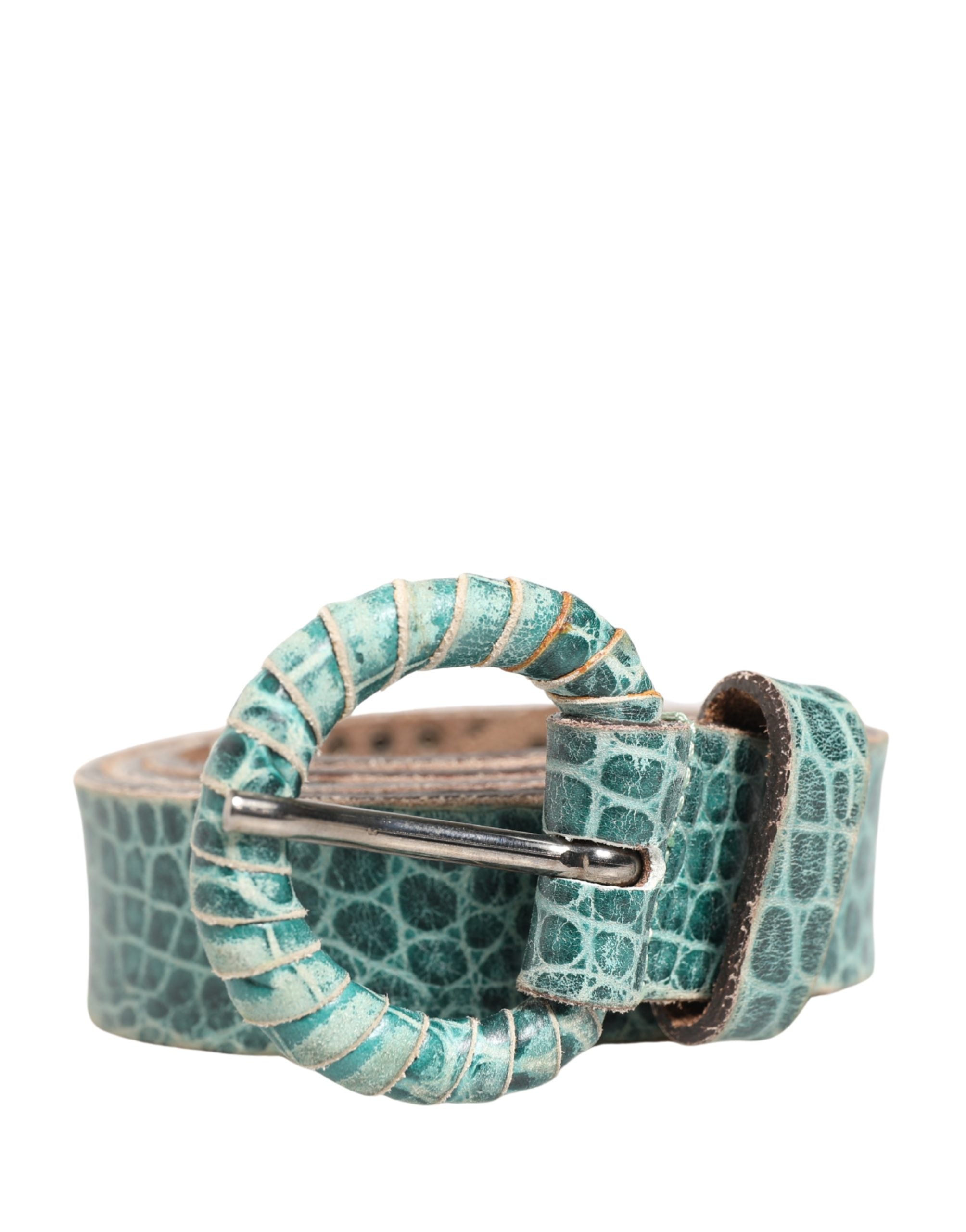 Scervino Street Women Green Leather Croco Print Studded Belt - YSONA