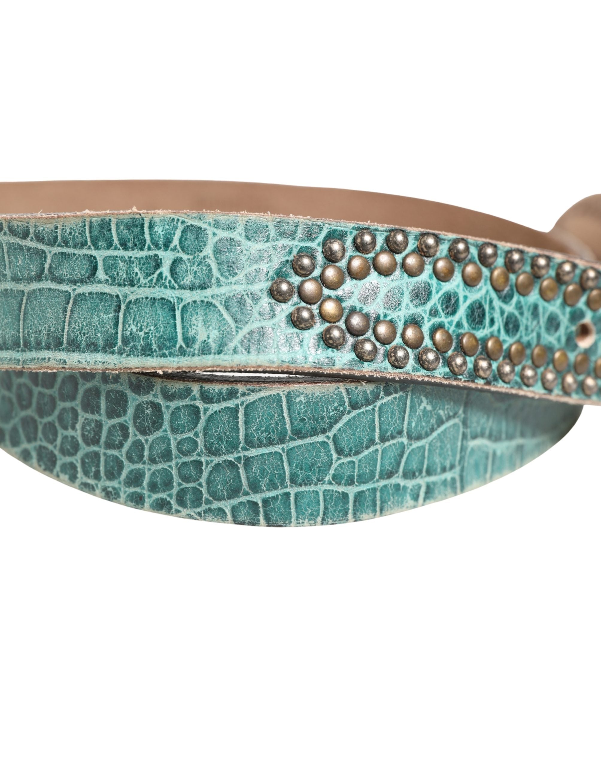 Scervino Street Women Green Leather Croco Print Studded Belt - view 5