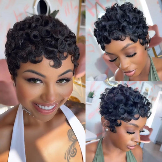 Short Curly Pixie Cut Wig – Human Hair with Bangs, Glueless Natural Black 180%