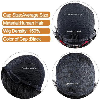 Short Curly Pixie Cut Wig – Human Hair with Bangs, Glueless Natural Black 180%