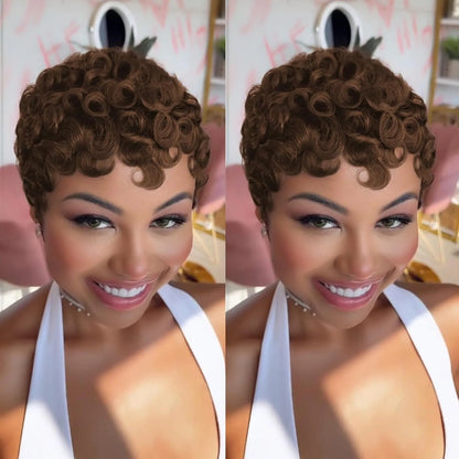 Short Curly Pixie Cut Wig – Human Hair with Bangs, Glueless Natural Black 180%