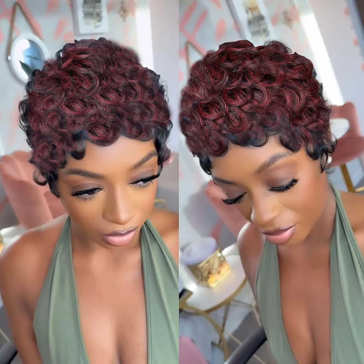 Short Curly Pixie Cut Wig – Human Hair with Bangs, Glueless Natural Black 180%