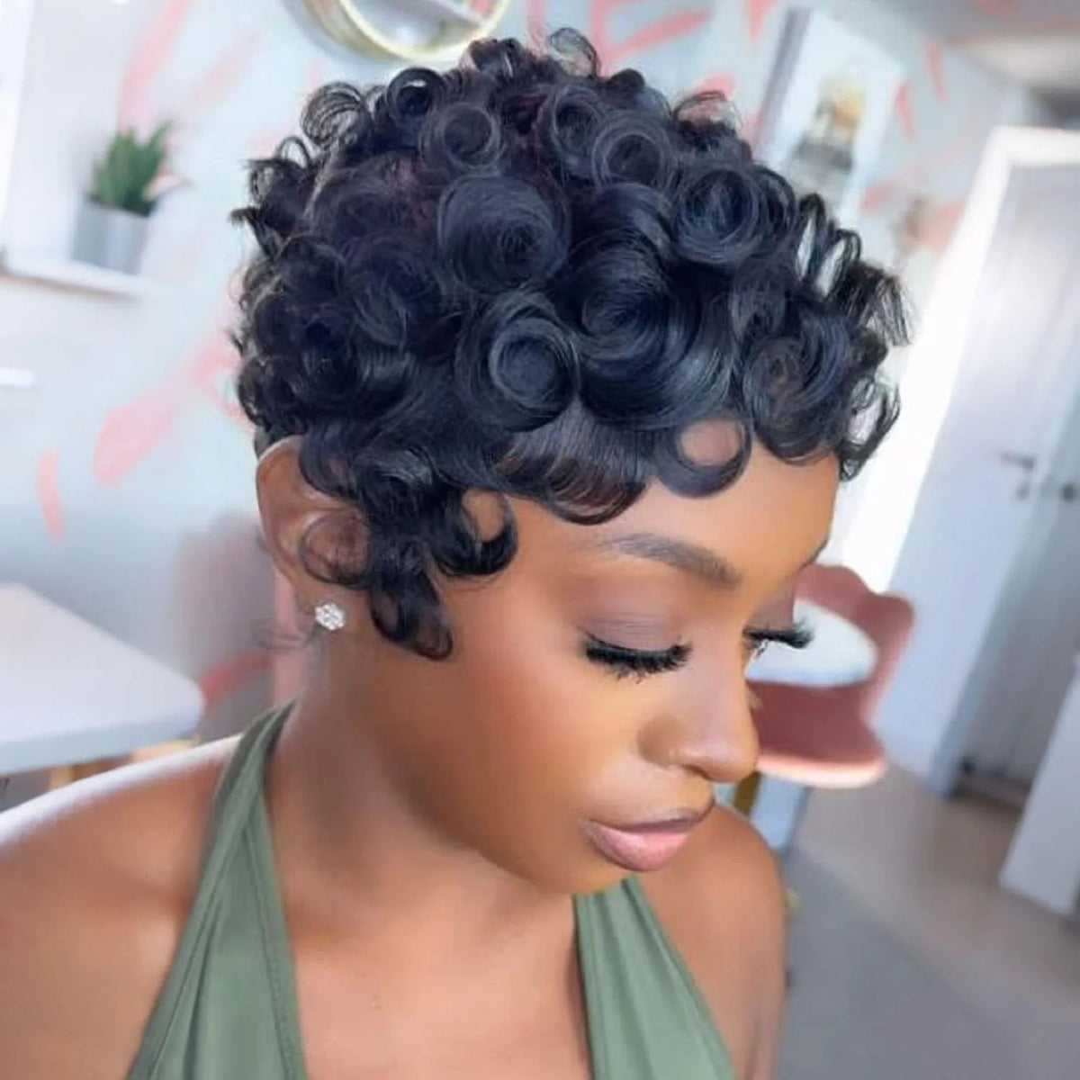 Short Curly Pixie Cut Wig – Human Hair with Bangs, Glueless Natural Black 180%
