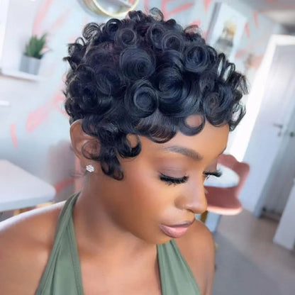 Short Curly Pixie Cut Wig – Human Hair with Bangs, Glueless Natural Black 180%