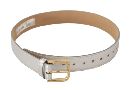 Dolce & Gabbana Silver Leather Gold Tone Logo Metal Buckle Belt - YSONA