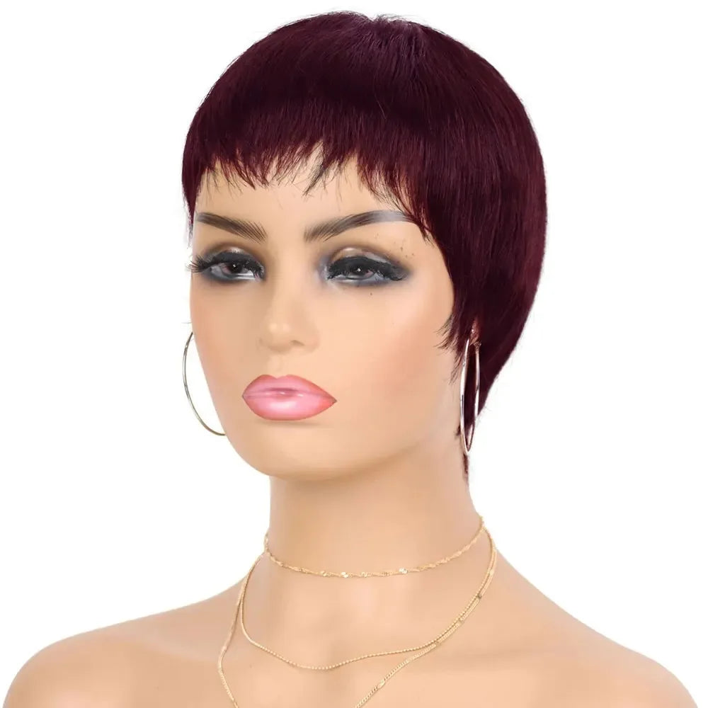 Straight Pixie Cut Wig – Short Human Hair with Bangs, Machine Made Natural Black