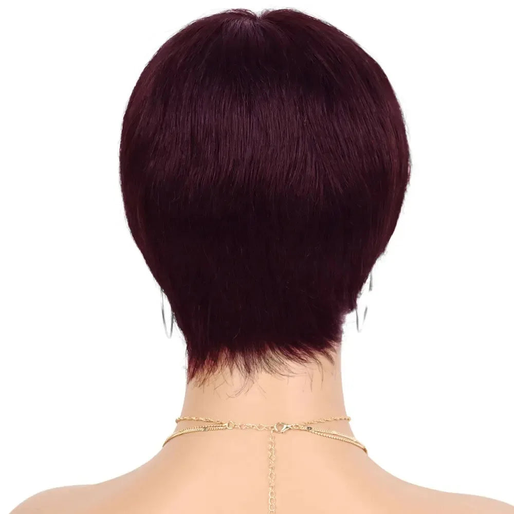 Straight Pixie Cut Wig – Short Human Hair with Bangs, Machine Made Natural Black