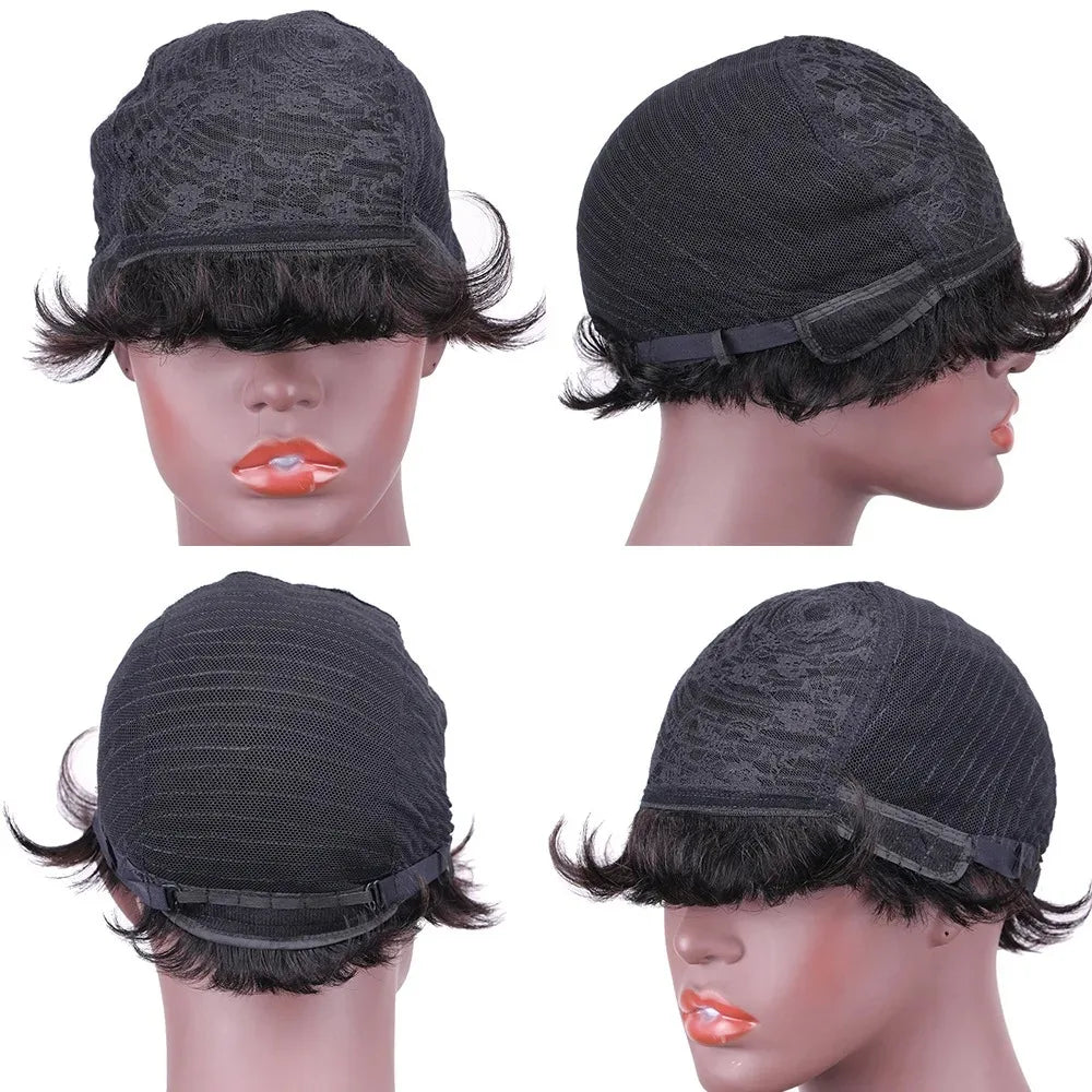 Straight Pixie Cut Wig – Short Human Hair with Bangs, Machine Made Natural Black