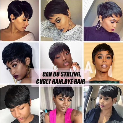 Straight Pixie Cut Wig – Short Human Hair with Bangs, Machine Made Natural Black