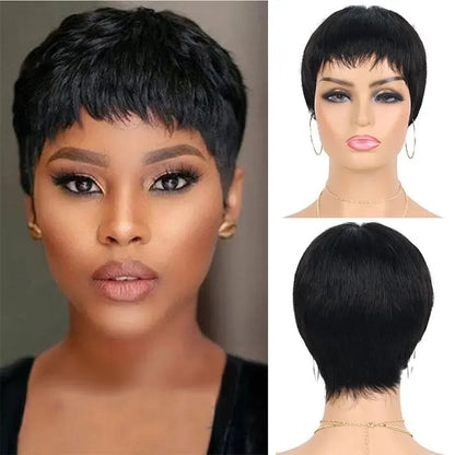 Straight Pixie Cut Wig – Short Human Hair with Bangs, Machine Made Natural Black