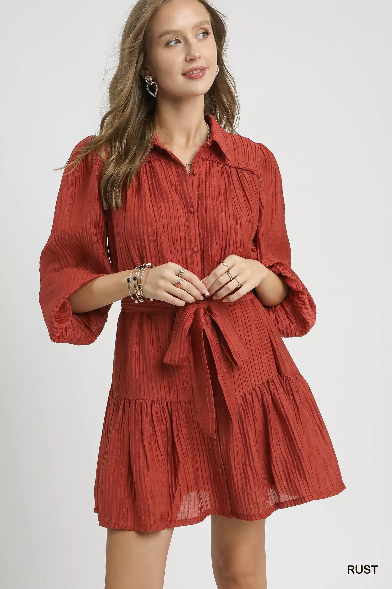 Umgee Crinkle Button-Front Tiered Mini Dress with Waist Tie - YSONA