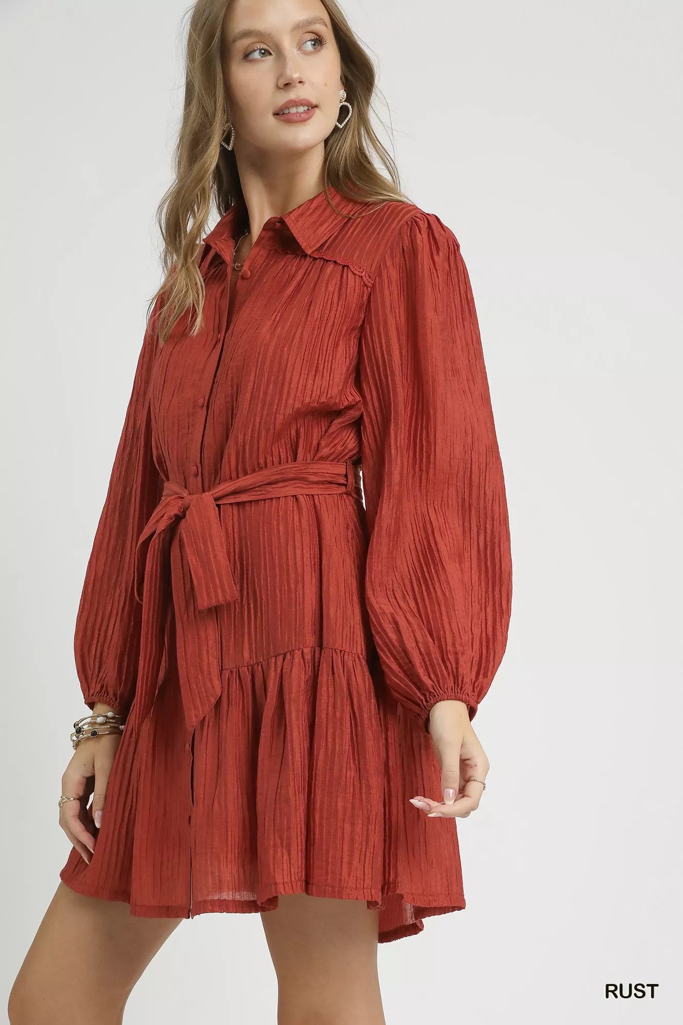 Umgee Crinkle Button-Front Tiered Mini Dress with Waist Tie - view 2