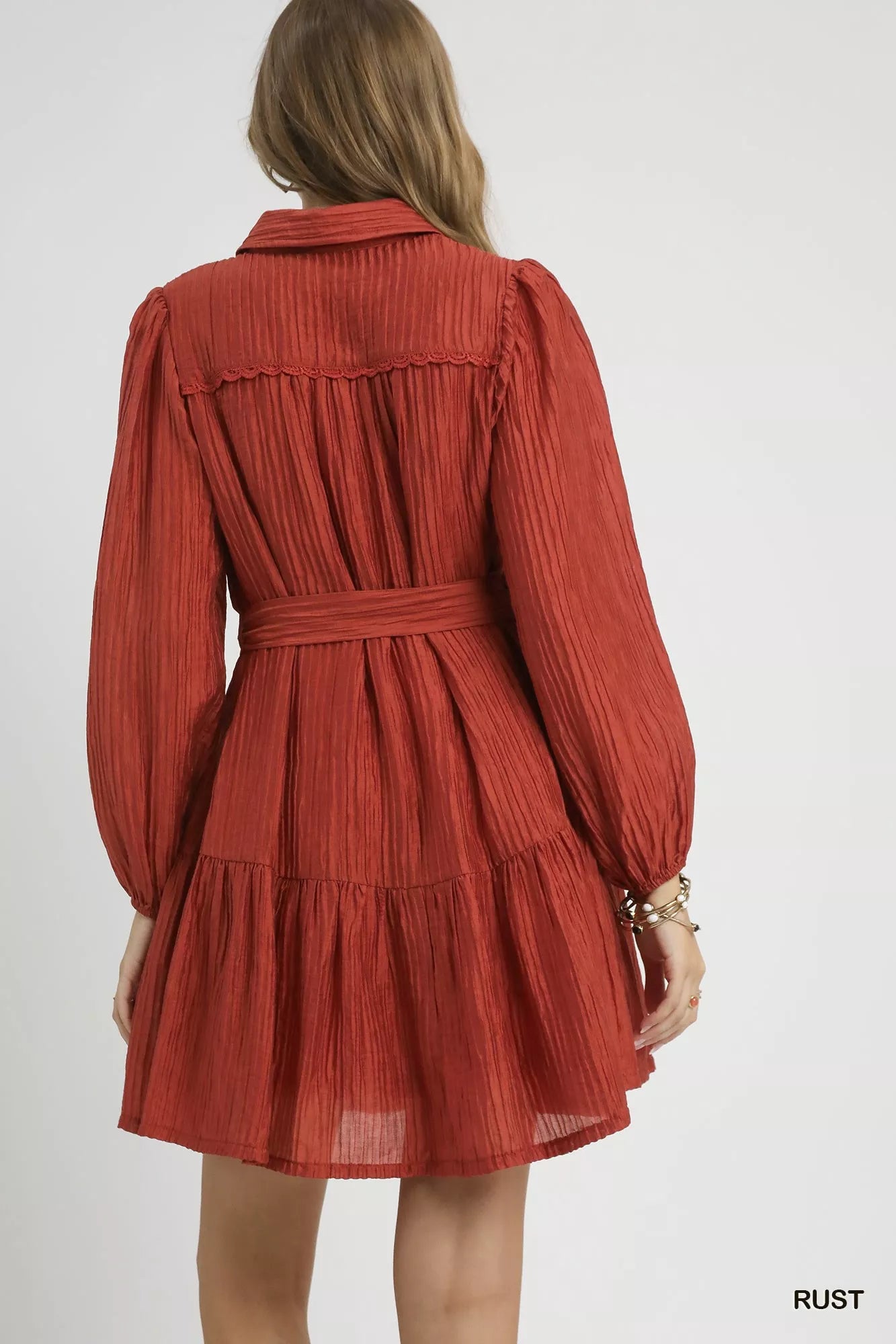 Umgee Crinkle Button-Front Tiered Mini Dress with Waist Tie - view 3