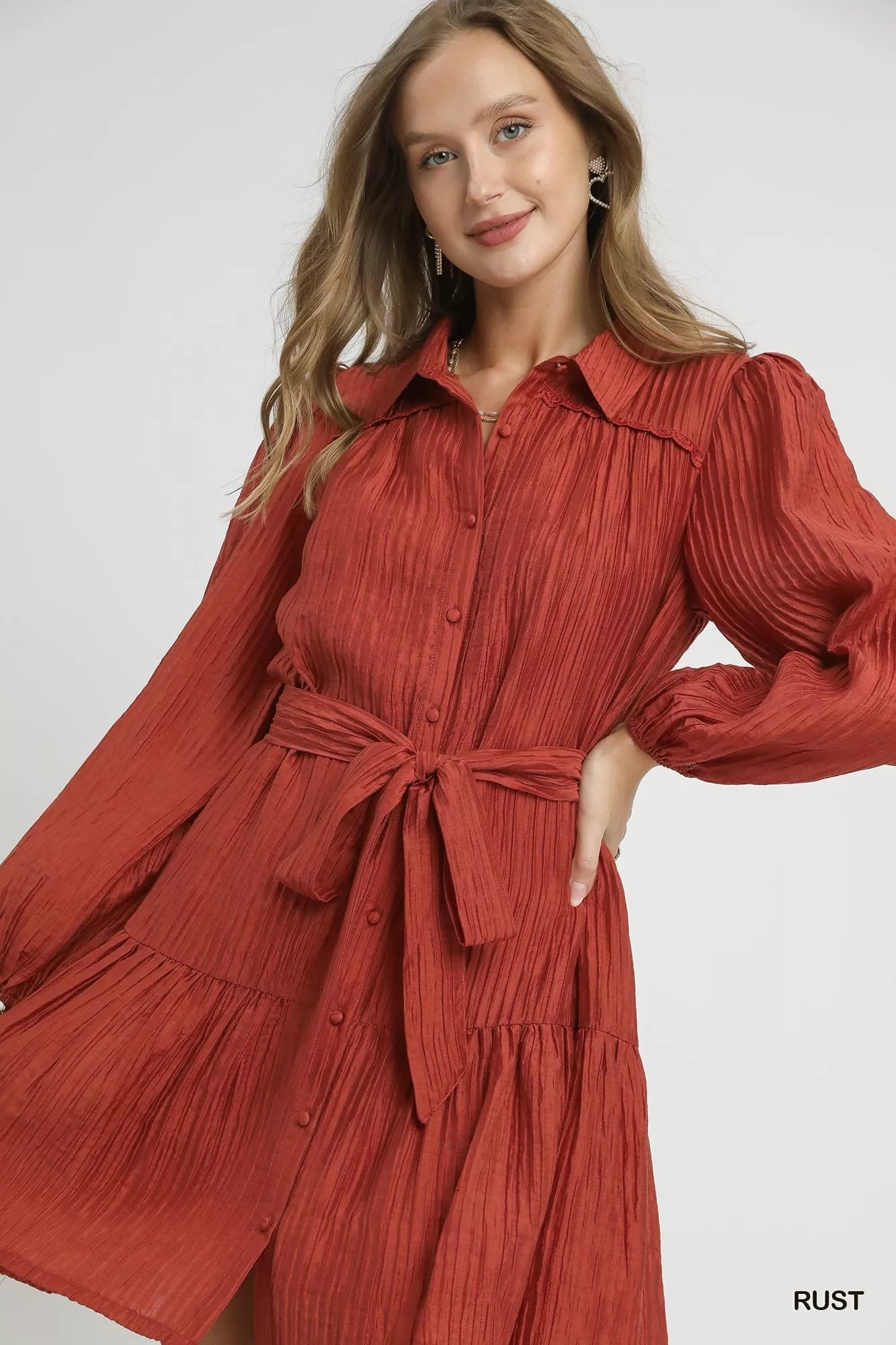 Umgee Crinkle Button-Front Tiered Mini Dress with Waist Tie - view 4