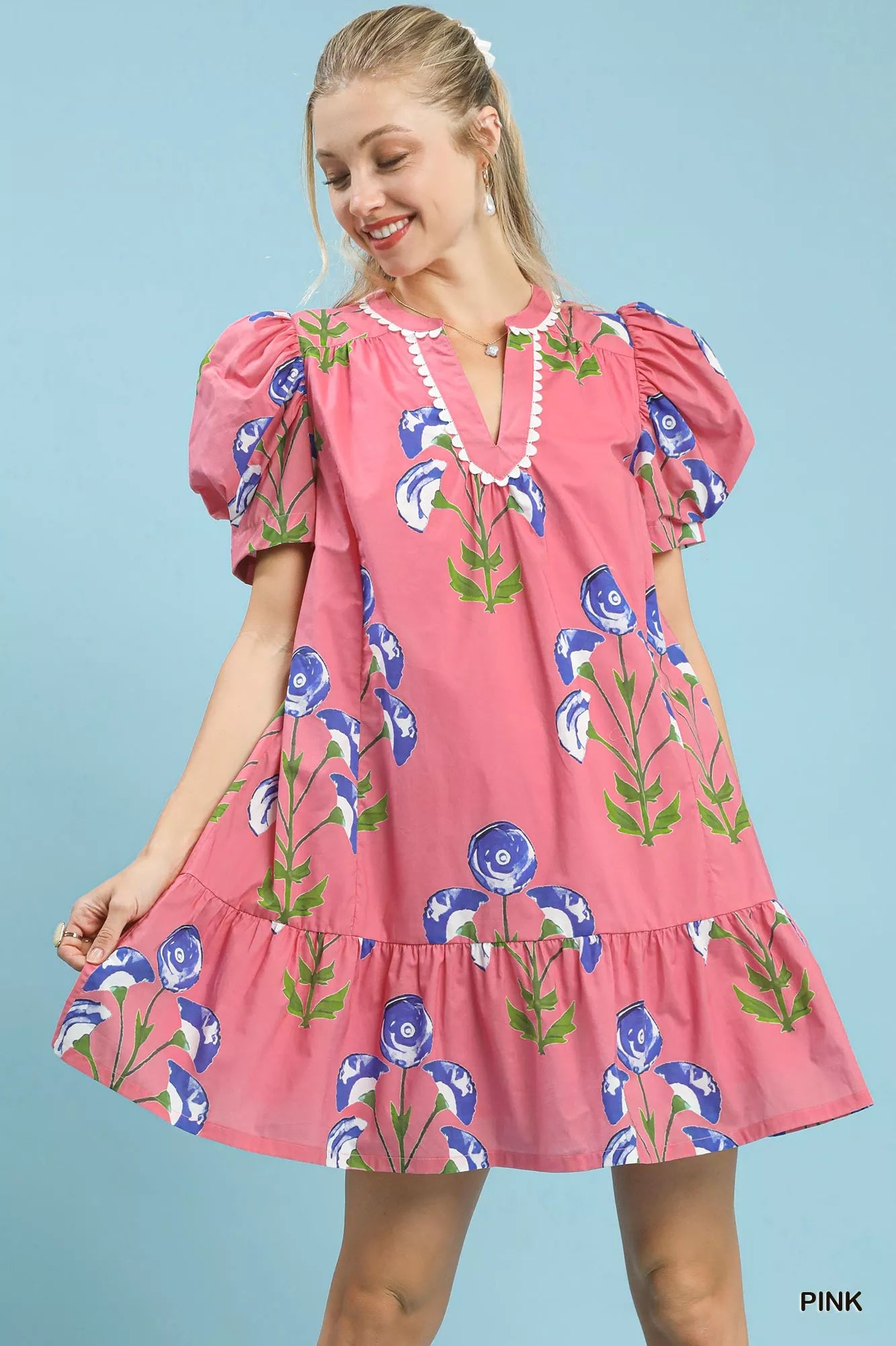 Umgee Floral Print Puff Sleeve Mini Dress with Scallop Trim - YSONA