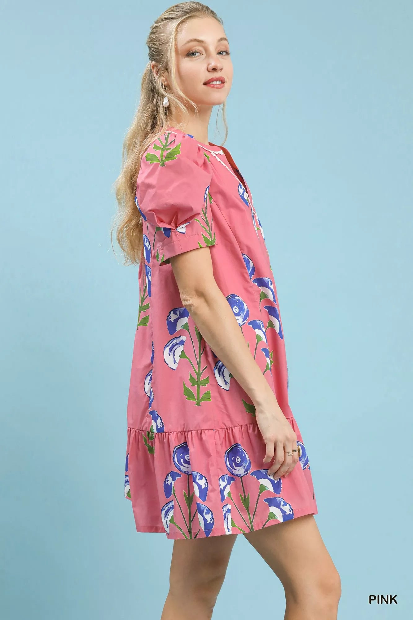 Umgee Floral Print Puff Sleeve Mini Dress with Scallop Trim - view 2