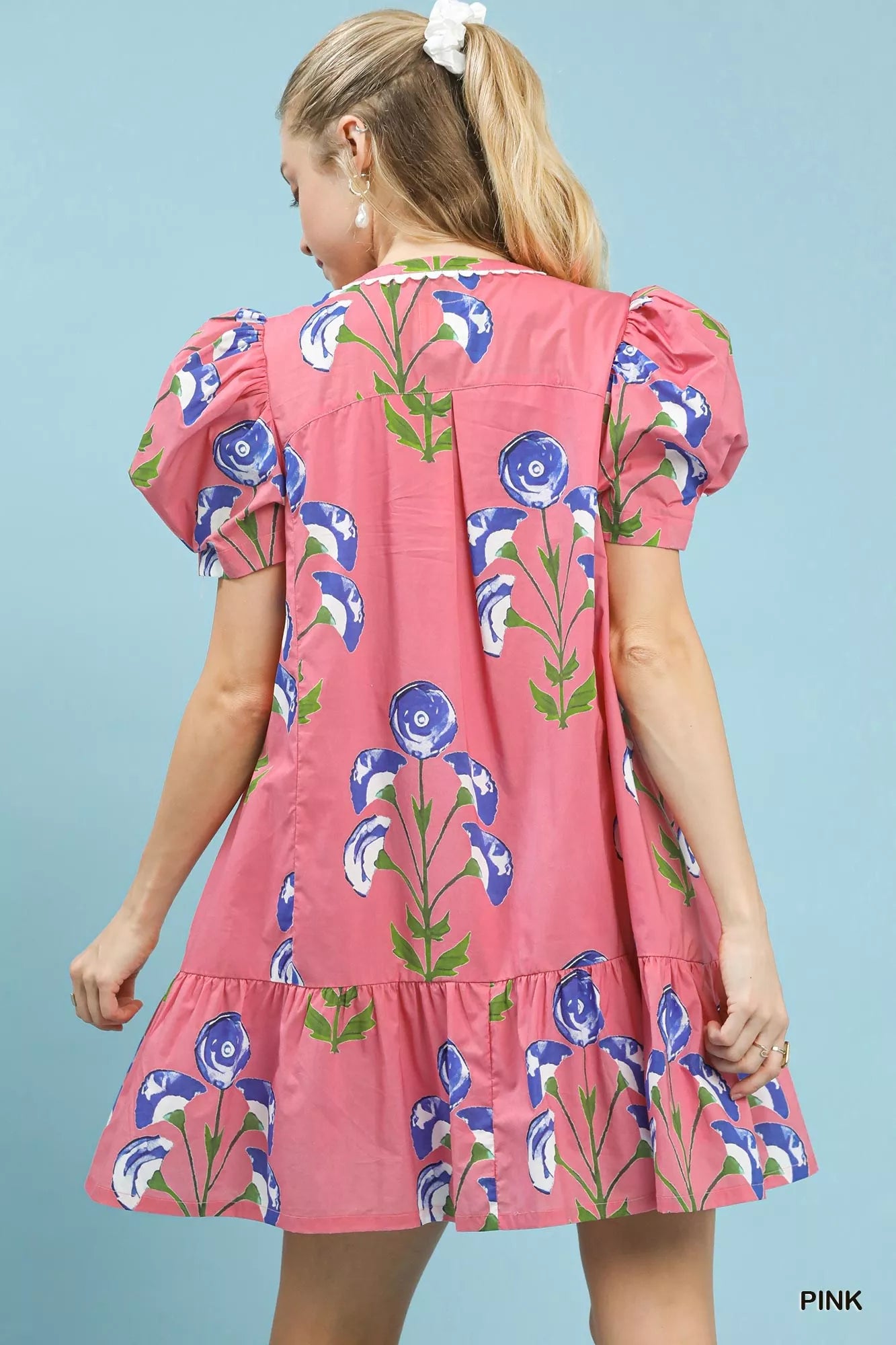 Umgee Floral Print Puff Sleeve Mini Dress with Scallop Trim - view 3