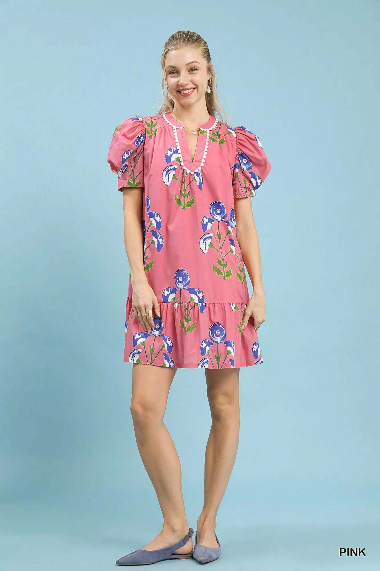 Umgee Floral Print Puff Sleeve Mini Dress with Scallop Trim - view 4