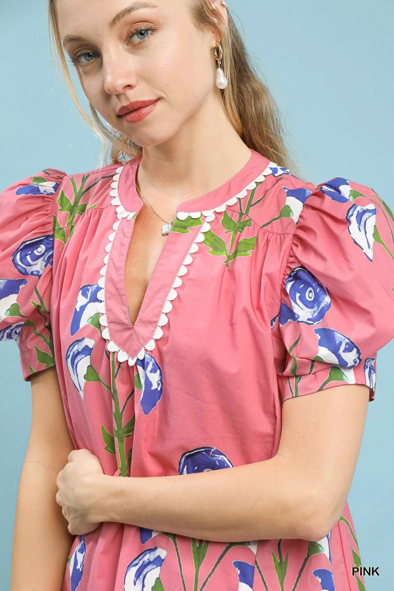 Umgee Floral Print Puff Sleeve Mini Dress with Scallop Trim - view 5
