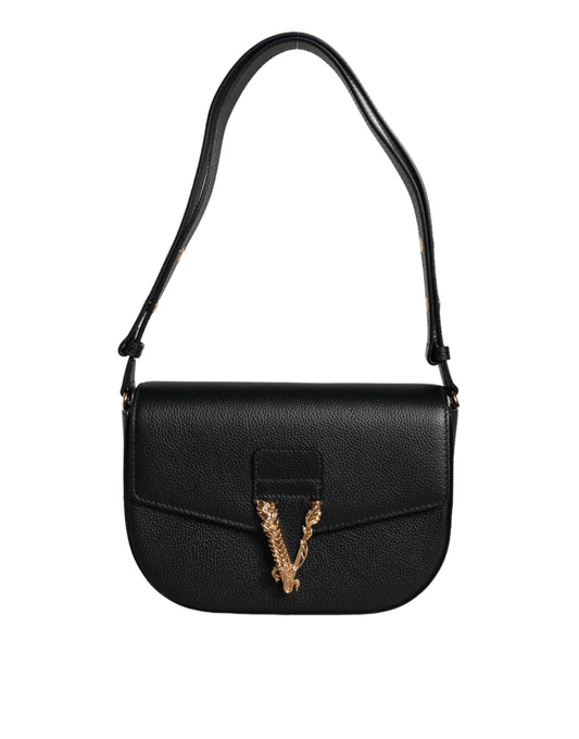 Versace Black Grainy Calf Leather Logo Crossbody Shoulder Bag - YSONA