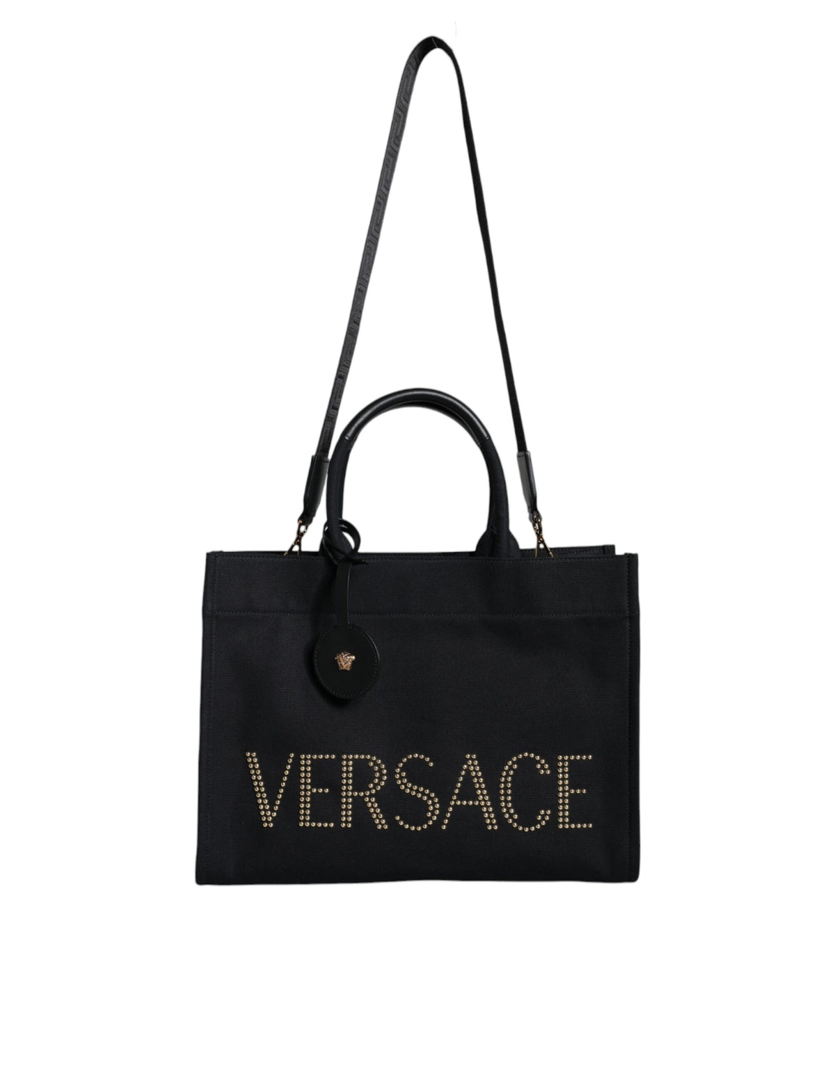 Versace Black Top Handle Canvas Leather Logo Crossbody Tote Bag - YSONA
