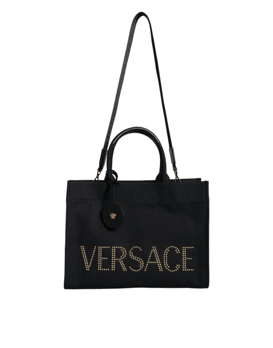 Versace Black Top Handle Canvas Leather Logo Crossbody Tote Bag - YSONA