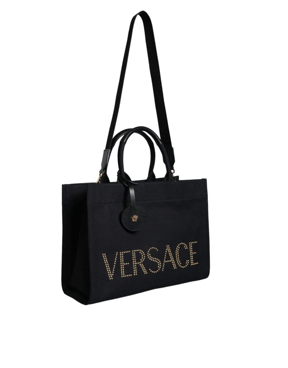 Versace Black Top Handle Canvas Leather Logo Crossbody Tote Bag - view 2