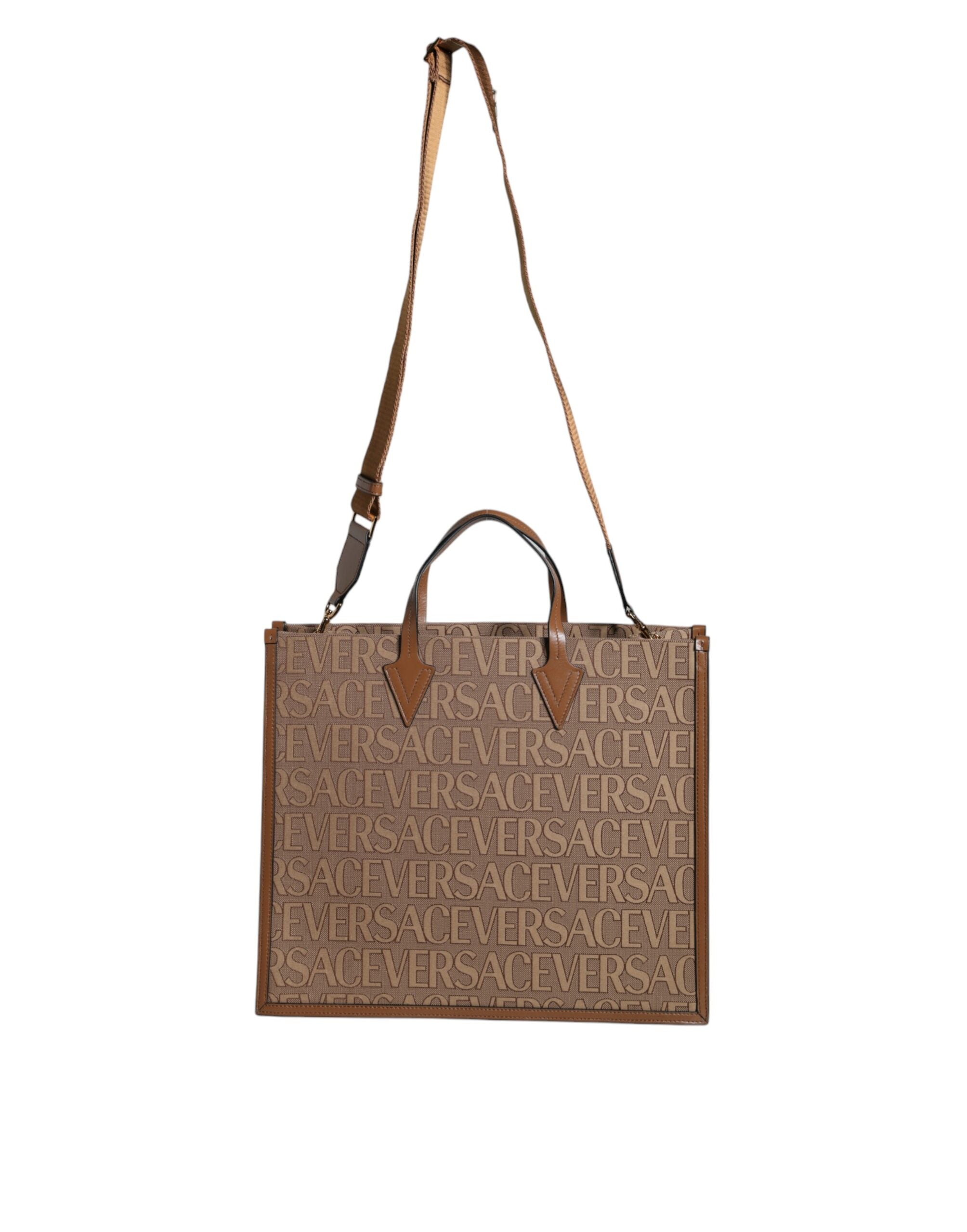 Versace Brown Top Handle Jacquard Leather Logo Crossbody Tote Bag - YSONA