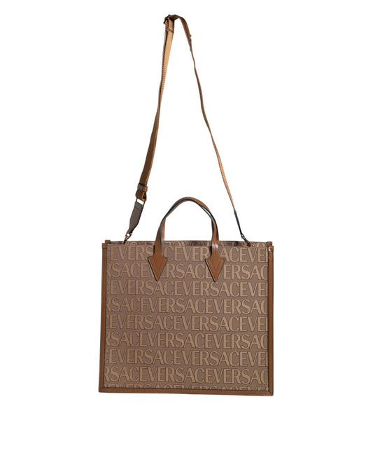 Versace Brown Top Handle Jacquard Leather Logo Crossbody Tote Bag - YSONA